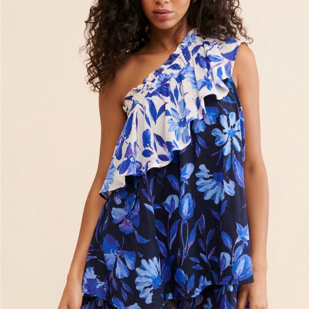 Anthropologie Asymmetrical Ruffled Sundress Blue and White